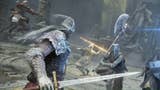 elden ring official steam art of bow character and sword character battling enemies