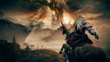 Protagonist rides on Torrent to cliff edge with giant tree in the background from Shadow of the Erdtree trailer