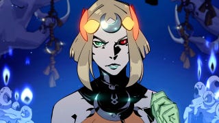 Close up of Hades 2 blonde-haired witch protagonist Melinoƫ on blue background